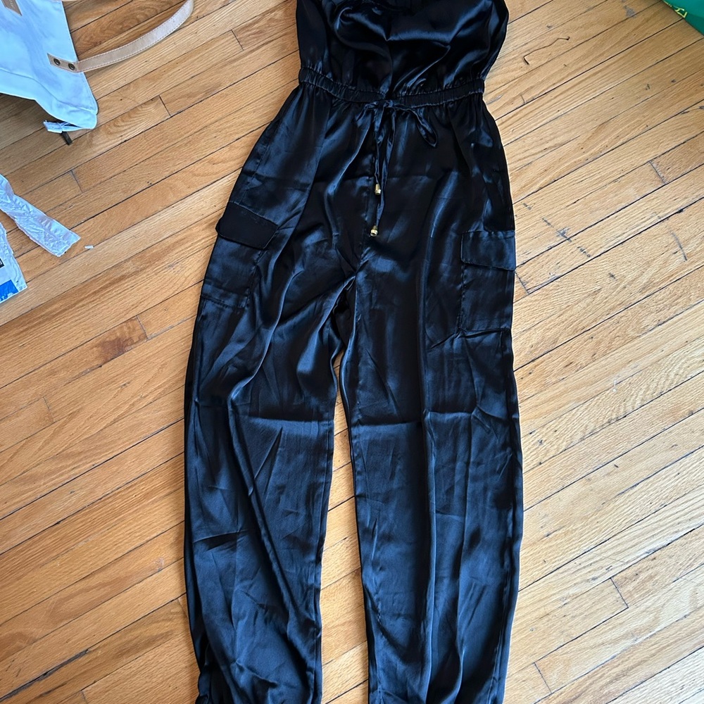 Source Unknown Black Satin Drawstring Utility Jumpsuit